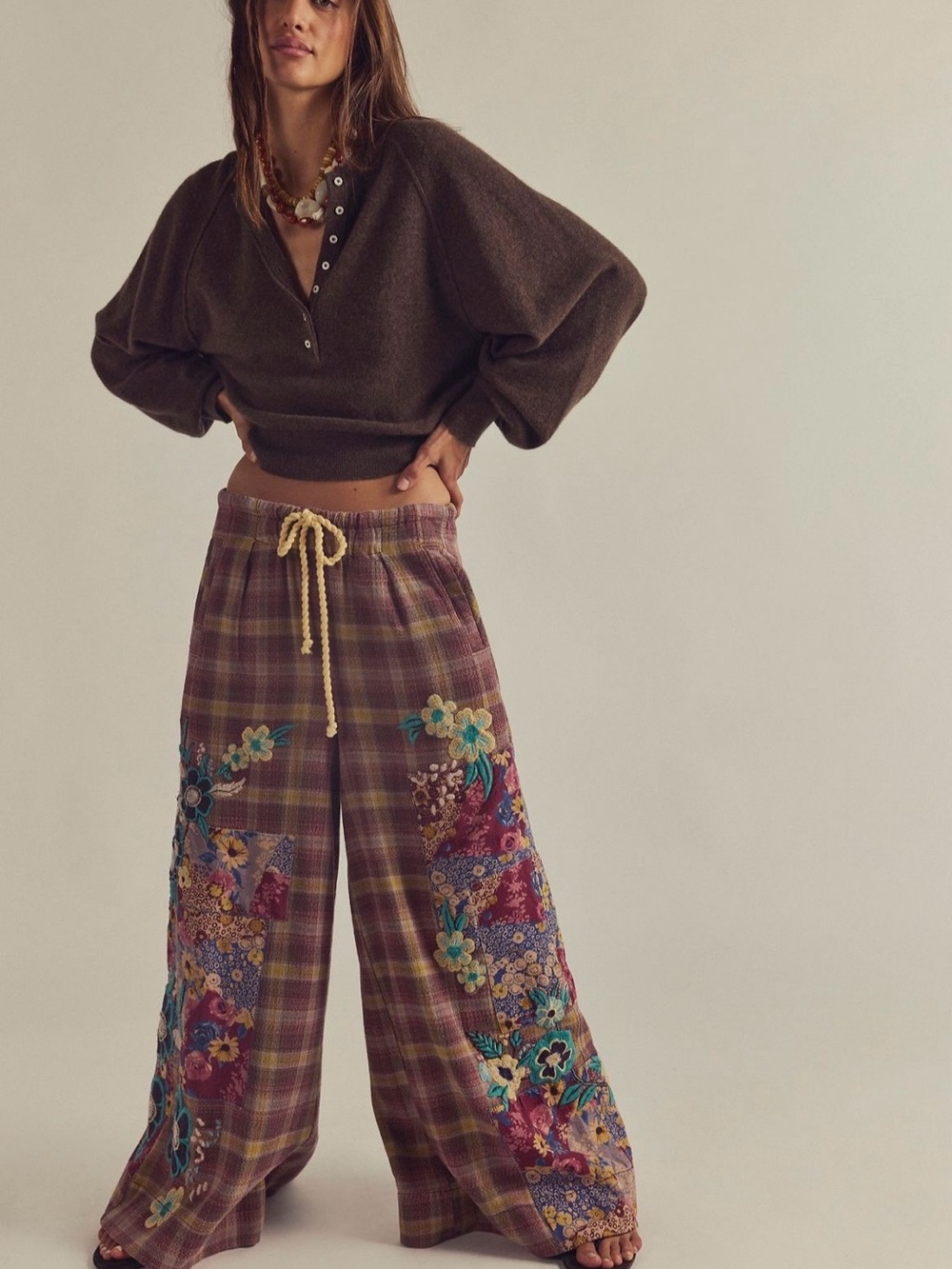 NWT Free People Brooks Embroidered Wide-Leg Patchwork Pants in Green Combo - Picture 10 of 16
